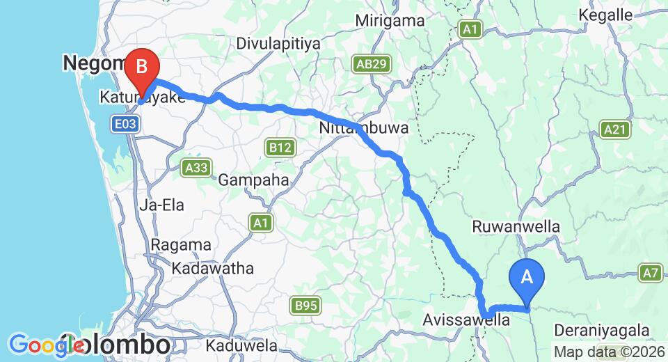 Driving route map: Dehiowita to Colombo Airport (CMB) (60 km, approx 1 h 44 min private transfer)