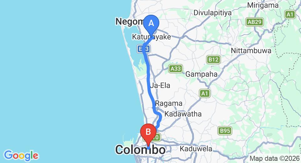 Driving route map: Colombo Airport (CMB) to Colombo 9 (31 km, approx 35 min private transfer)
