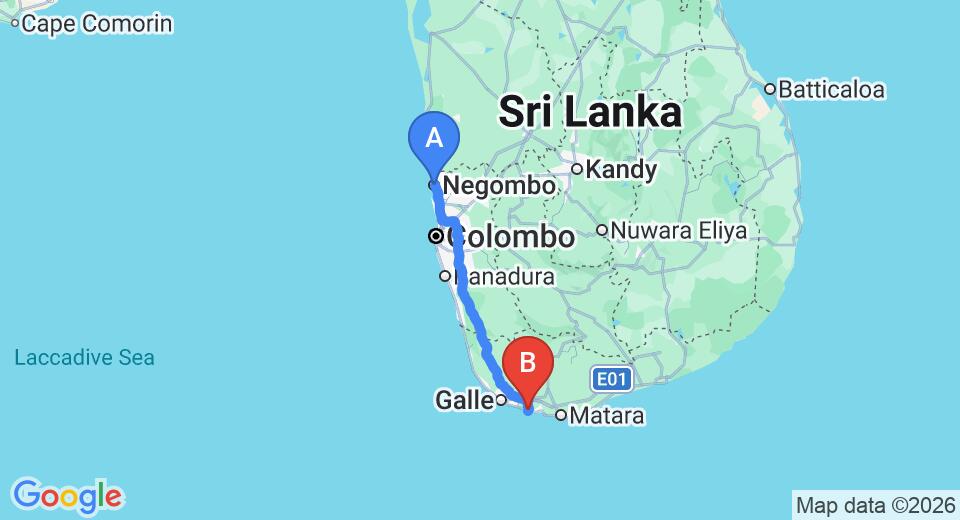 Driving route map: Negombo to Ahangama (168 km, approx 2 h 25 min private transfer)