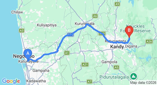 Driving route map: Colombo Airport (CMB) to The Kandy Samadhi Center, Kandy (129 km, approx 3 h 22 min private transfer)