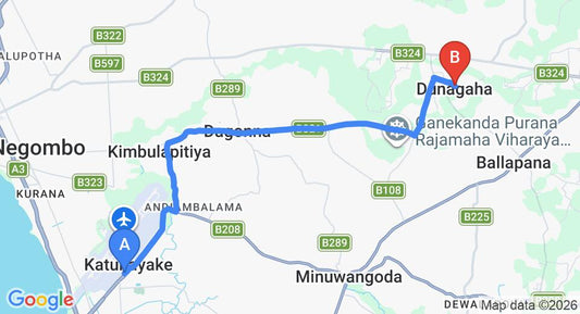 Driving route map: Colombo Airport (CMB) to Dunagaha (16 km, approx 30 min private transfer)