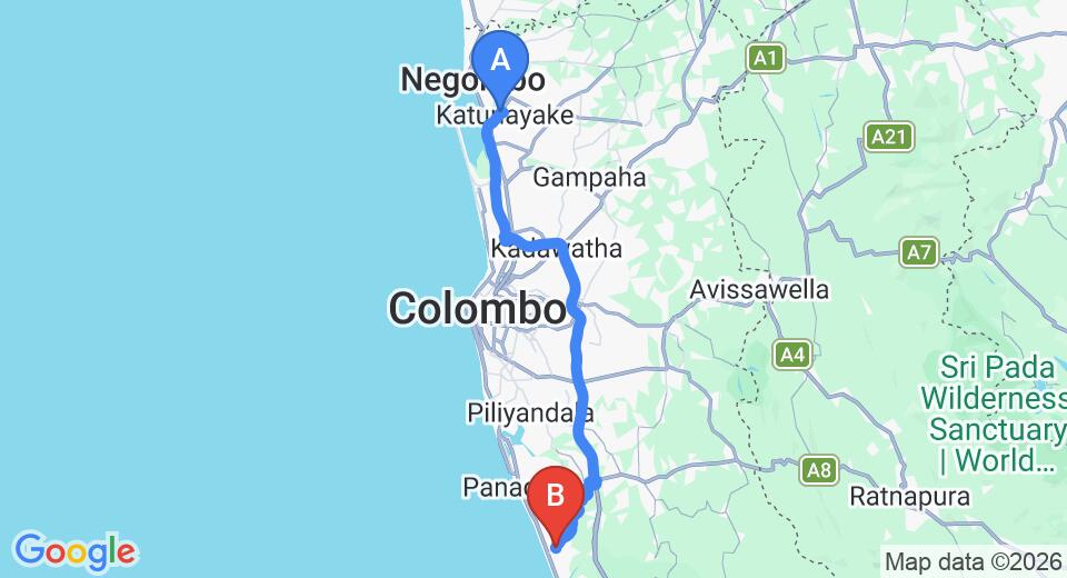 Driving route map: Colombo Airport (CMB) to Reef Villa and Spa, Wadduwa (77 km, approx 1 h 19 min private transfer)