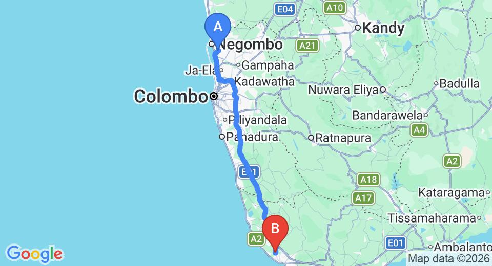 Driving route map: Colombo Airport (CMB) to Holiday Bungalow in Wackwella, Galle (142 km, approx 2 h 7 min private transfer)