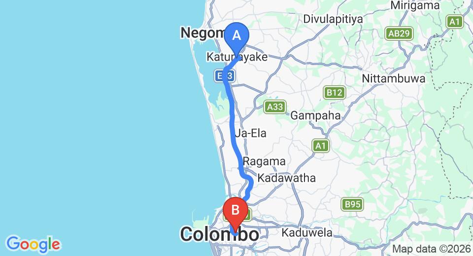 Driving route map: Colombo Airport (CMB) to Colombo 8 (31 km, approx 38 min private transfer)