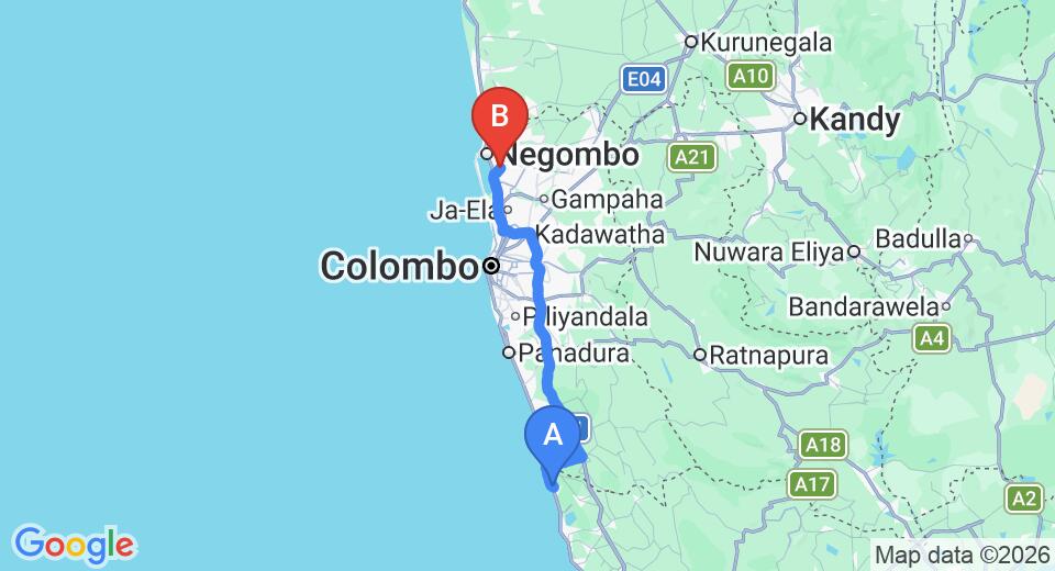 Driving route map: Induruwa to Colombo Airport (CMB) (112 km, approx 1 h 46 min private transfer)