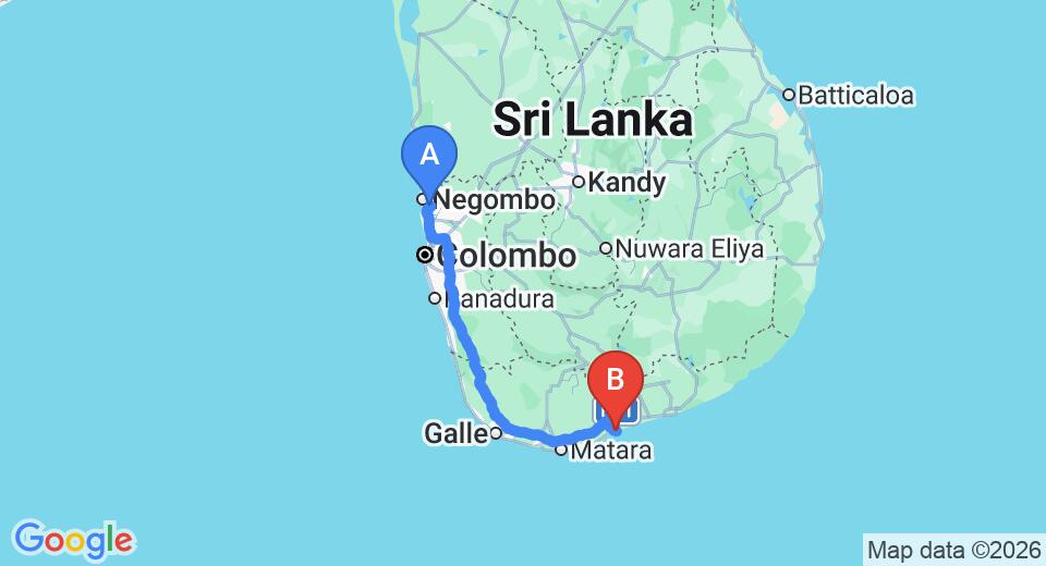Driving route map: Colombo Airport (CMB) to Mangrove Beach Cabanas and Chalets, Tangalle (218 km, approx 2 h 58 min private transfer)