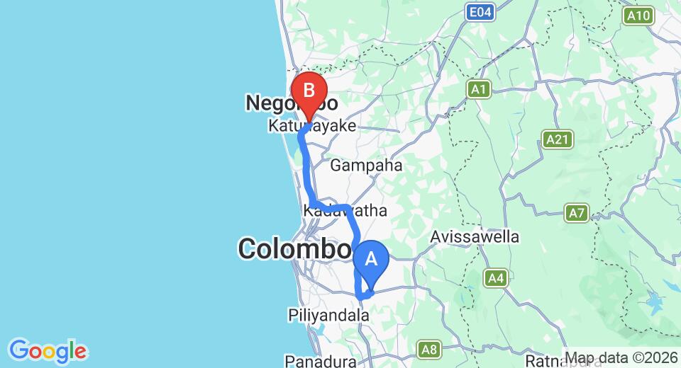 Driving route map: Homagama to Colombo Airport (CMB) (51 km, approx 47 min private transfer)