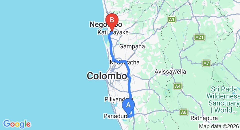 Driving route map: Bolgoda to Colombo Airport (CMB) (65 km, approx 59 min private transfer)