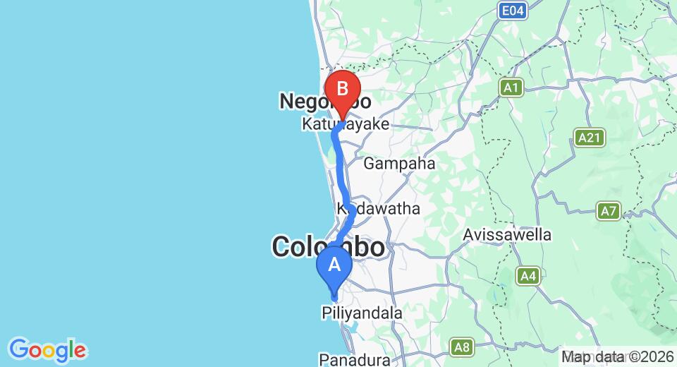 Driving route map: Mount Lavinia to Colombo Airport (CMB) (44 km, approx 1 h 3 min private transfer)
