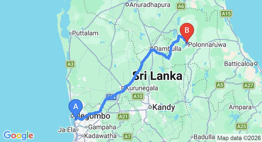 Driving route map: Colombo Airport (CMB) to Palm Garden Guest House, Polonnaruwa (198 km, approx 4 h 5 min private transfer)