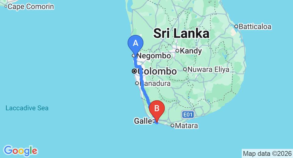 Driving route map: Colombo Airport (CMB) to Rockside Cabanas, Unawatuna (154 km, approx 2 h 11 min private transfer)