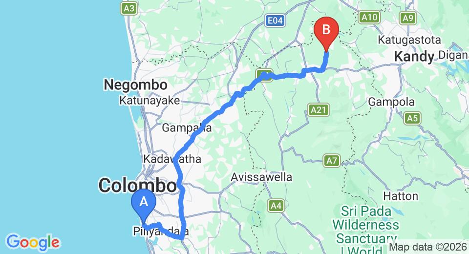 Driving route map: Ratmalana (RML) Airport to Pinnawala (111 km, approx 2 h 49 min private transfer)