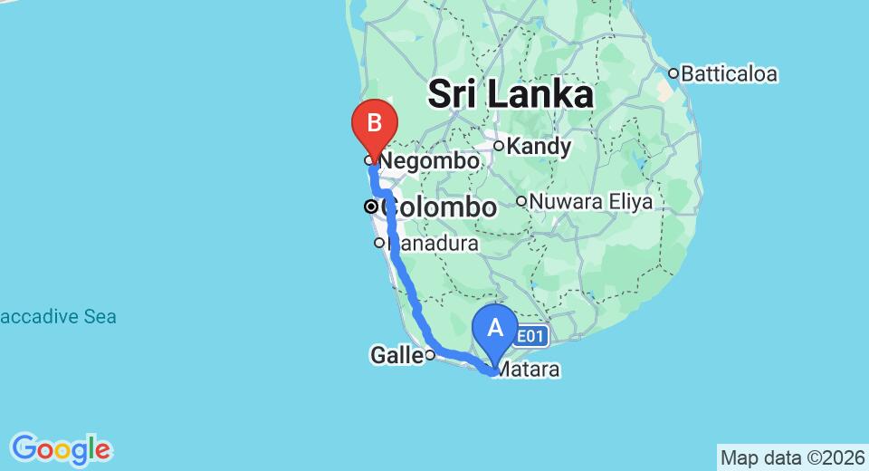 Driving route map: Gandara to Colombo Airport (CMB) (188 km, approx 2 h 41 min private transfer)
