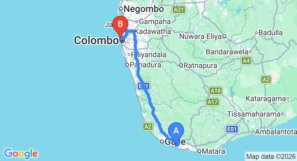 Driving route map: Koggala to Colombo Seaport (158 km, approx 2 h 16 min private transfer)