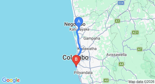 Driving route map: Colombo Airport (CMB) to The Penthouse Above Sea, Dehiwala (42 km, approx 1 h 2 min private transfer)