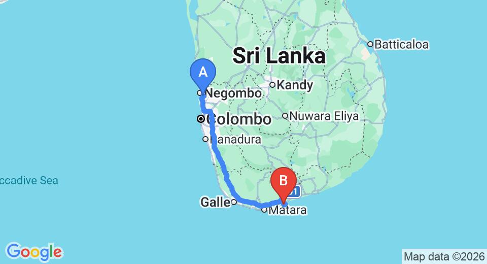 Driving route map: Colombo Airport (CMB) to Teak House, Tangalle (213 km, approx 2 h 54 min private transfer)