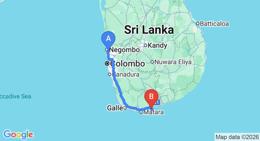 Driving route map: Colombo Airport (CMB) to Teak House, Tangalle (213 km, approx 2 h 54 min private transfer)