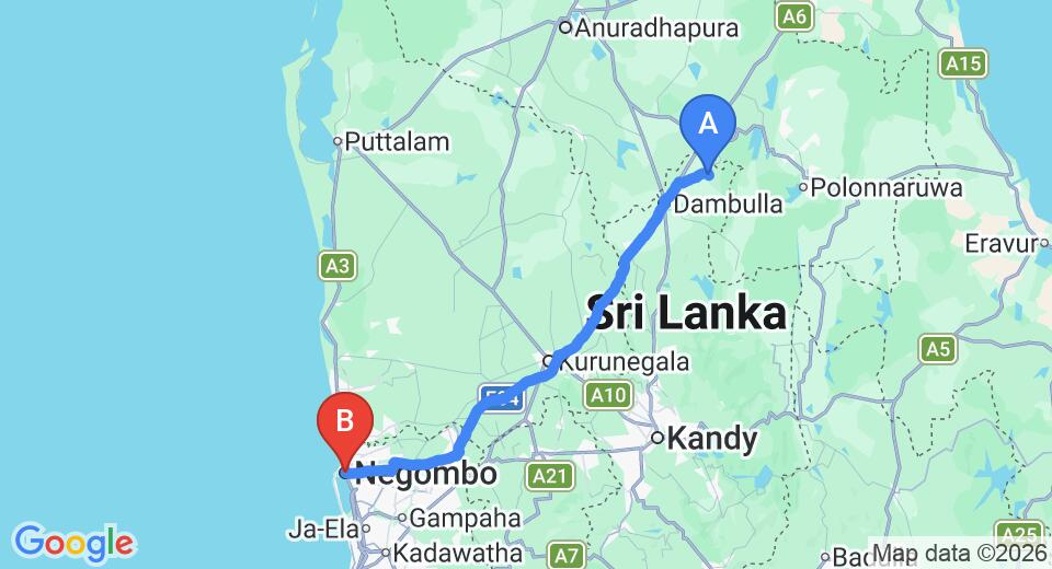 Driving route map: Sigiriya to Negombo (148 km, approx 3 h 12 min private transfer)