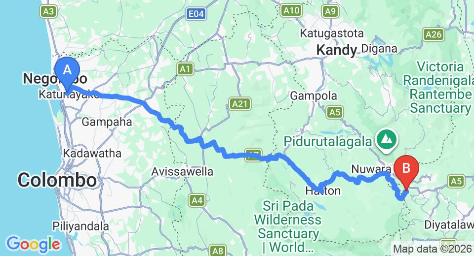 Driving route map: Colombo Airport (CMB) to Jetwing Warwick Gardens, Nuwara Eliya (168 km, approx 5 h 21 min private transfer)