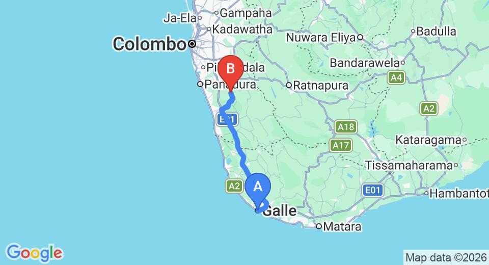 Driving route map: Galle to Yala (89 km, approx 1 h 38 min private transfer)