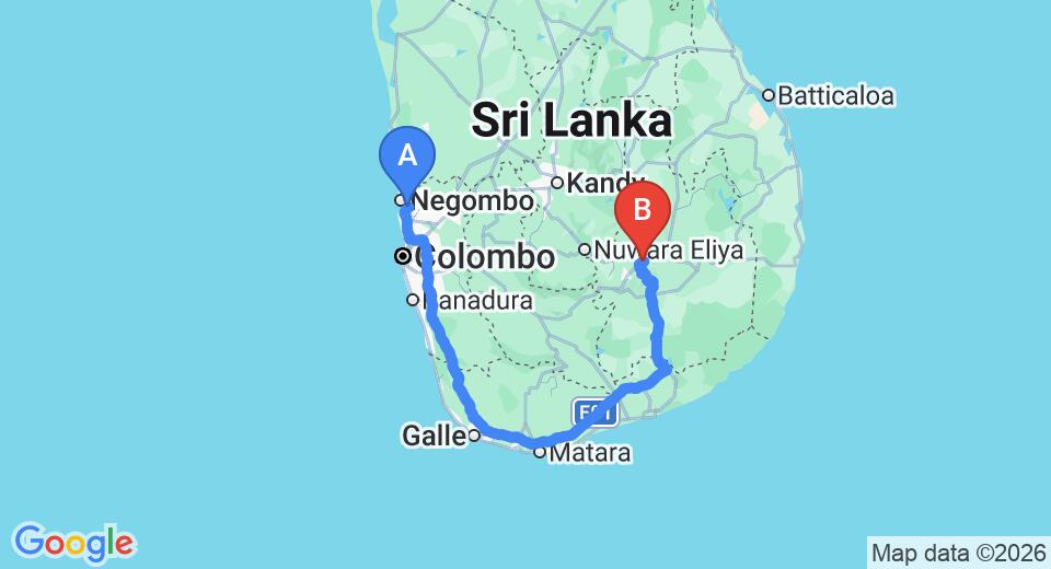 Driving route map: Colombo Airport (CMB) to Nine Skies, Ella (343 km, approx 5 h 16 min private transfer)