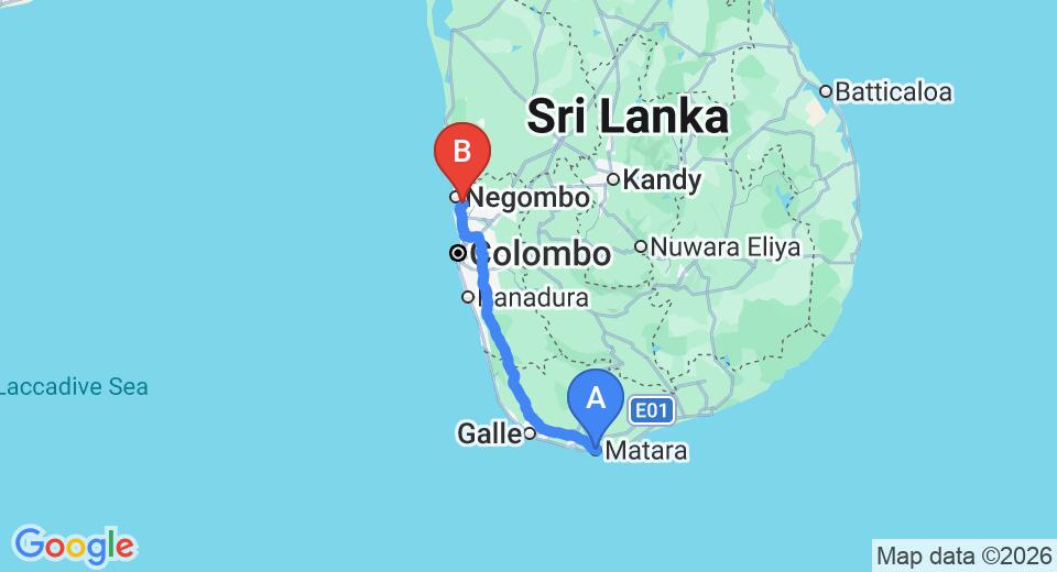 Driving route map: Matara to Colombo Airport (CMB) (179 km, approx 2 h 22 min private transfer)