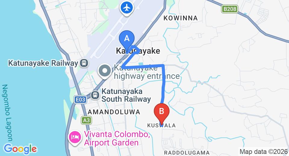 Driving route map: Colombo Airport (CMB) to Kuswala (5 km, approx 12 min private transfer)
