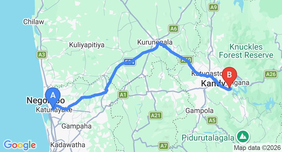 Driving route map: Colombo Airport (CMB) to Jetwing Kandy Gallery, Kandy (124 km, approx 3 h 9 min private transfer)