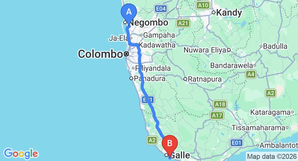 Driving route map: Colombo Airport (CMB) to Neptune Bay Hotel, Unawatuna (153 km, approx 2 h 10 min private transfer)