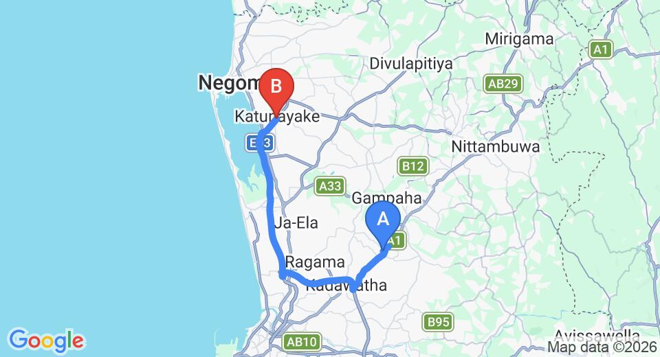 Driving route map: Kirillawala to Colombo Airport (CMB) (35 km, approx 38 min private transfer)