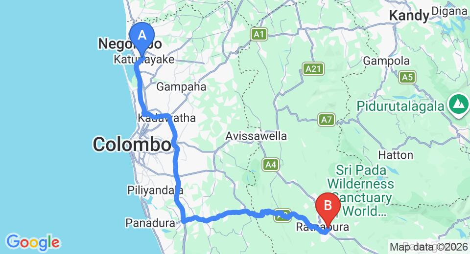 Driving route map: Colombo Airport (CMB) to Sapphire Holiday Resort, Ratnapura (122 km, approx 2 h 40 min private transfer)