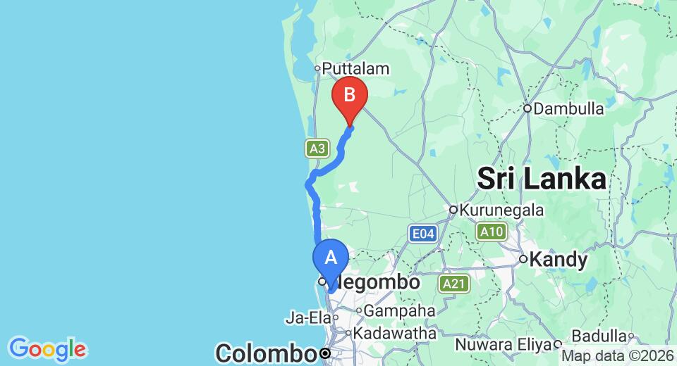Driving route map: Colombo Airport (CMB) to Cadjan earth, Anamaduwa (88 km, approx 2 h 15 min private transfer)