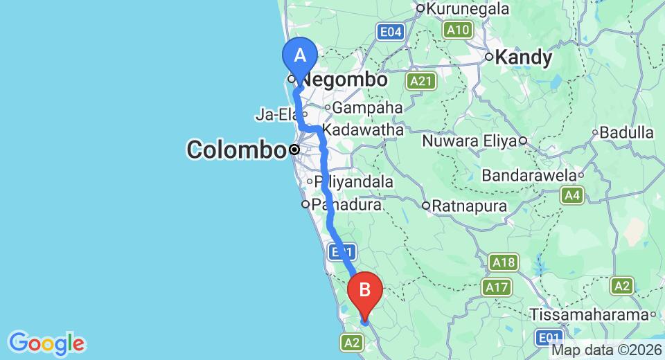 Driving route map: Colombo Airport (CMB) to Nawalakanda Holiday Resort, Elpitiya (122 km, approx 1 h 46 min private transfer)