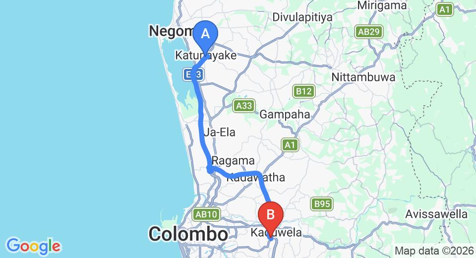 Driving route map: Colombo Airport (CMB) to Saman Villa - Luxury House, Colombo (40 km, approx 44 min private transfer)