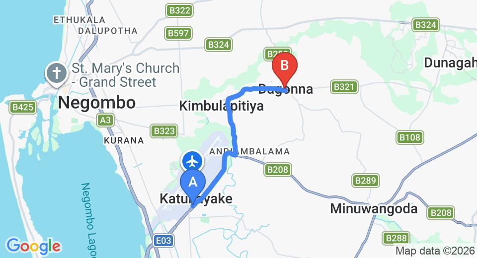 Driving route map: Colombo Airport (CMB) to Dagonna (7 km, approx 16 min private transfer)