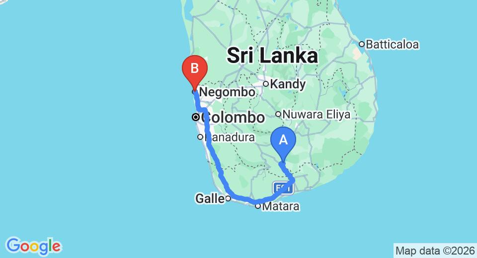 Driving route map: Udawalawe to Negombo (262 km, approx 3 h 43 min private transfer)