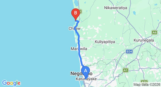 Driving route map: Colombo Airport (CMB) to Anantaya Chilaw, Chilaw (63 km, approx 1 h 47 min private transfer)