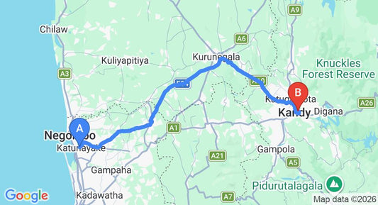 Driving route map: Colombo Airport (CMB) to Cabana Lanka Eco Lodge, Kandy (117 km, approx 3 h 0 min private transfer)