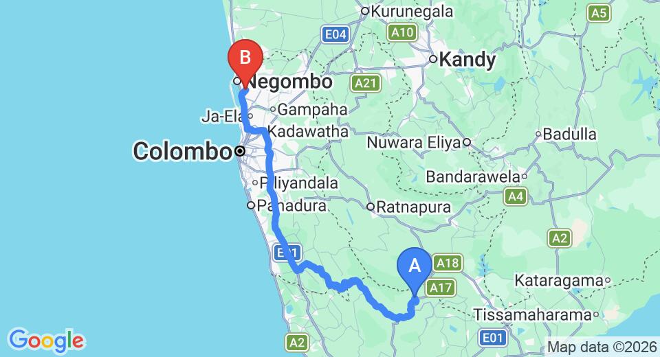 Driving route map: Deniyaya to Colombo Airport (CMB) (188 km, approx 3 h 40 min private transfer)
