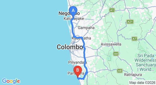 Driving route map: Colombo Airport (CMB) to Serene Pavilions, Wadduwa (79 km, approx 1 h 25 min private transfer)