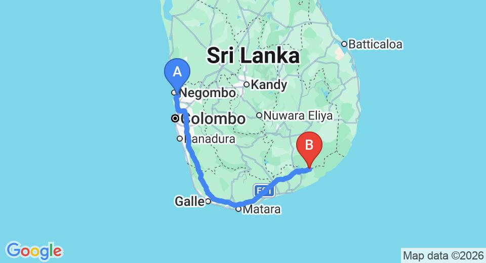 Driving route map: Colombo Airport (CMB) to Rasoja Holiday Resort, Yala (281 km, approx 3 h 41 min private transfer)
