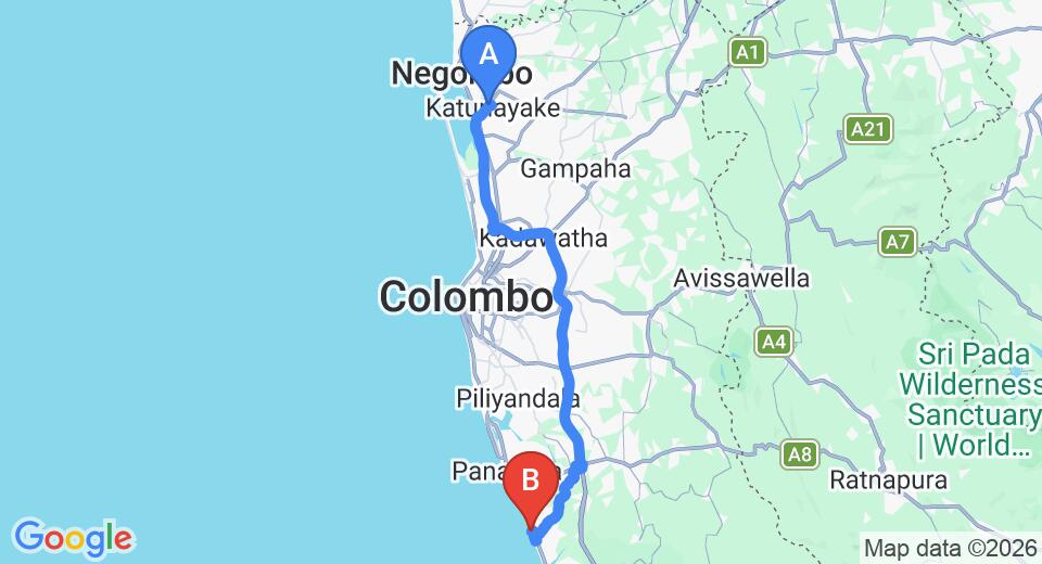 Driving route map: Colombo Airport (CMB) to Wadduwa Beach House, Wadduwa (81 km, approx 1 h 27 min private transfer)