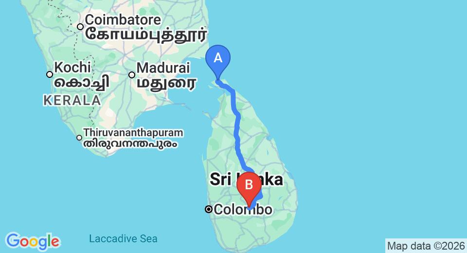 Driving route map: Jaffna (JAF) Airport to Nuwara Eliya (437 km, approx 9 h 10 min private transfer)