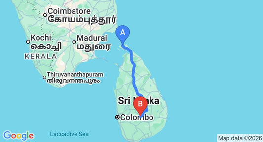 Driving route map: Jaffna (JAF) Airport to Nuwara Eliya (437 km, approx 9 h 10 min private transfer)