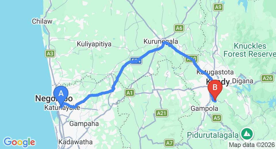 Driving route map: Colombo Airport (CMB) to Sky lodge, Kandy (123 km, approx 3 h 10 min private transfer)