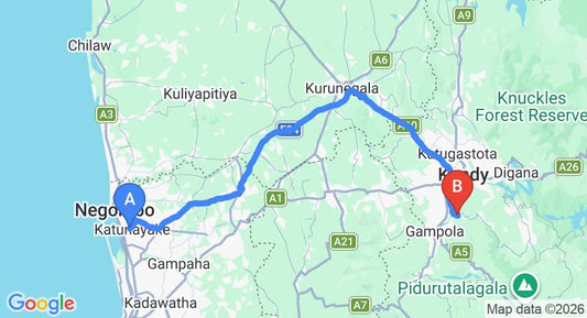 Driving route map: Colombo Airport (CMB) to Sky lodge, Kandy (123 km, approx 3 h 10 min private transfer)