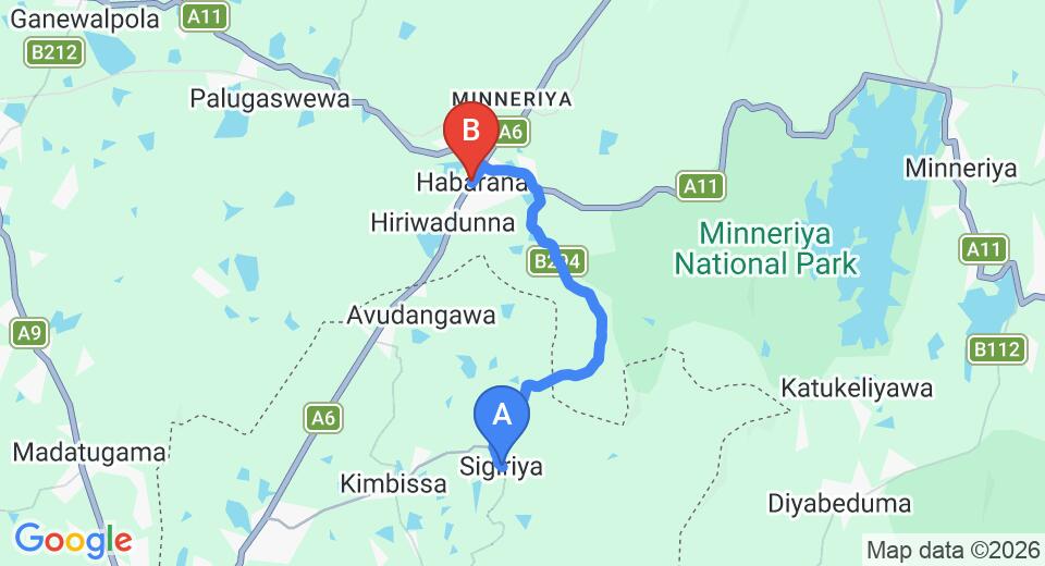 Driving route map: Sigiriya to Habarana (16 km, approx 25 min private transfer)