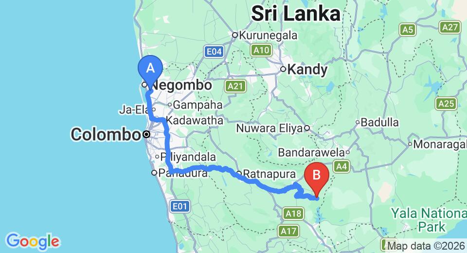 Driving route map: Colombo Airport (CMB) to Henegama (192 km, approx 4 h 36 min private transfer)