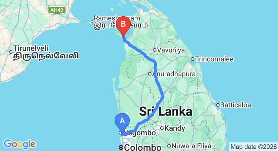 Driving route map: Colombo Airport (CMB) to Hotel Agape, Mannar (295 km, approx 5 h 50 min private transfer)