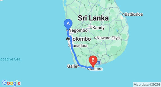 Driving route map: Colombo Airport (CMB) to Underneath The Mango Tree - Beach and Spa Resort, Dikwella (200 km, approx 2 h 51 min private transfer)